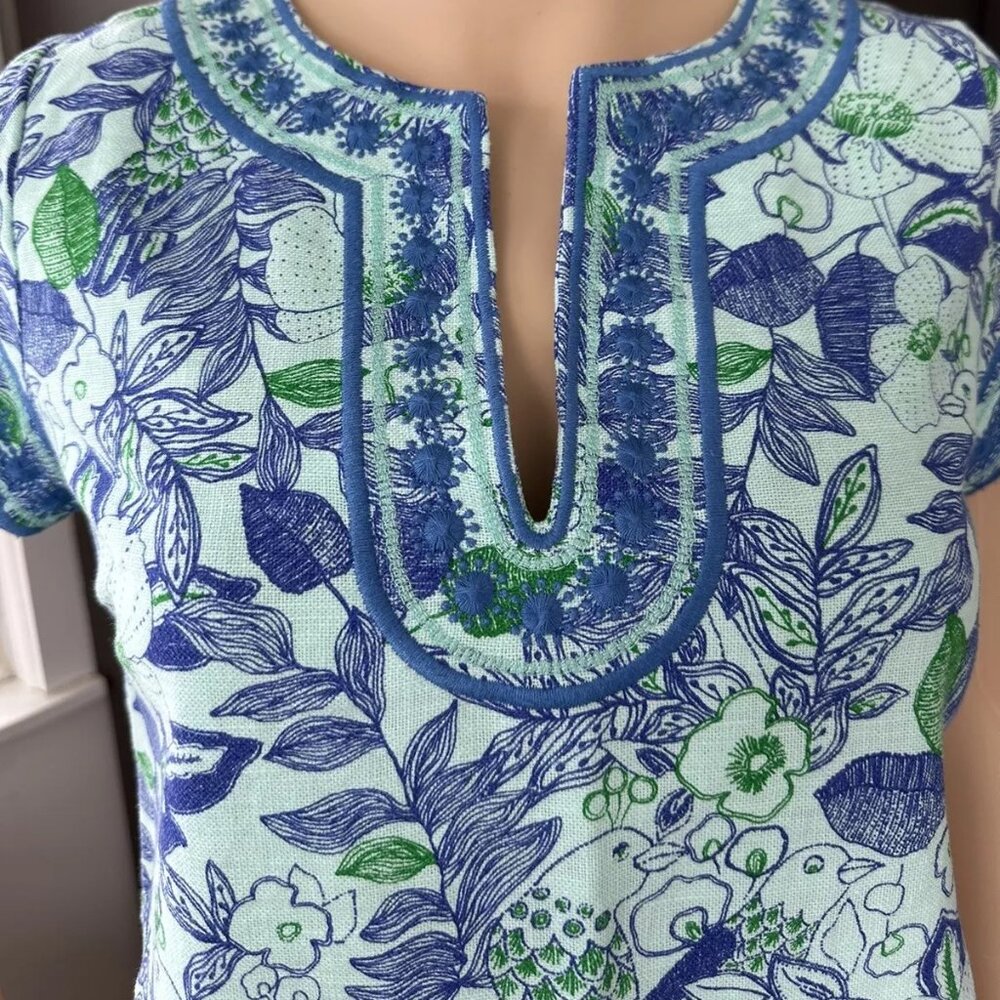 Vineyard vines floral blue green tunic dress linen blend, size 2